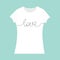 Word Love lettering. T-shirt template. White color. Woman model. T shirt mockup. Front side. Flat design. Isolated. Blue backgroun