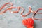 Word love ribbon, red heart for Valentines Day, birthday or other celebration, place for inscription