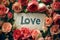 the word love spelled with wooden letters surrounded by red roses on a green background with leaves and flowers around it
