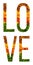 Word love written with leaves white isolated background, banner for printing, creative illustration of colored leaves.