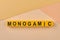 The word MONOGAMIC written on yellow cubes against light background.