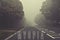 Word myopia written on foggy, blurred road, danger autumn road