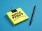 The word notice period on yellow sticky note paper with a black pen on blue background. Business job resignation announcement