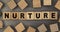 The word NURTURE on small wooden blocks at the desk. Top view