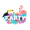 Word PARTY composition with pink blue leaves ice cream toucan flamingo white background in paper cut style. Tropical