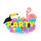 Word PARTY composition with pink blue leaves ice cream toucan flamingo white background in paper cut style. Tropical