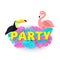 Word PARTY composition with pink blue leaves toucan flamingo white background in paper cut style. Tropical birds leaf