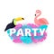 Word PARTY composition with pink blue leaves toucan flamingo white background in paper cut style. Tropical birds leaf