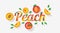 Word peach design decorated with peach fruits and leaves in paper art style