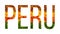 Word peru country is written with leaves on a white insulated background, a banner for printing, a creative developing