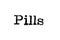 The word `Pills` from a typewriter on white