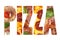 The word pizza composite with pizza photos inside