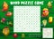 Word puzzle game grid worksheet, superhero fruits