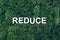 Word Reduce on moss, green grass background. Top view. Copy space. Banner. Biophilia concept. Nature backdrop. Reduce