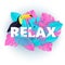 Word RELAX composition with creative pink and blue jungle leaves toucan in trandy paper cut style. Tropical craft design