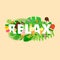 Word RELAX composition with flowers jungle leaves and ice cream on beige background in trandy paper cut style. Tropical