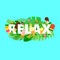 Word RELAX composition with flowers jungle leaves and ice cream on blue background in trandy paper cut style. Tropical