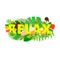 Word RELAX composition with flowers jungle leaves and ice cream on white background in trandy paper cut style. Tropical