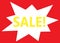 The word SALE in yellow within a white multi pointed star against an all bright red background