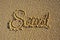 The word \'Sand\' written in the sand