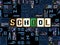 The word school as letters, unique typeset symbols over abstract mosaic pattern background