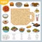 Word search puzzle. Cartoon set of food. Education game for children. Vector colour worksheet for learning English