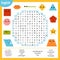 Word search puzzle. Cartoon set of geometric shapes. Education game for children. Vector colour worksheet for learning English