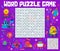 Word search puzzle game, cartoon robots and droids