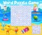 Word search puzzle game with vitamins on beach