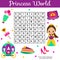 Word search puzzle kids activity. Educational children game for girls. Learning vocabulary. Princess world