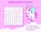 Word search puzzle with magical creatures and animals.