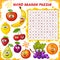 Word search puzzle. Vector education game for children. Cartoon fruits emoticons