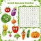Word search puzzle. Vector education game for children. Cartoon vegetables emoticons