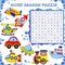 Word search puzzle. Vector education game for children. Transport