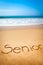 Word Senior Written in Sand, on Tropical Beach