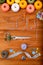 Word sew with sewing tools and accesories on wooden background