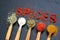 The word spice is written on a black background. Various spices ground turmeric pepper ginger cinnamon herb seasoning salt paprika