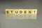 Word student is made of square wooden letters on a gray background