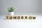 Word TOMORROW made from wooden cubes on a light background