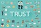 The word TRUST with long shadow surrounding by concerning flat icons