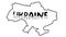 Word Ukraine. Map of Ukraine and coat of arms of country trident. Vector illustration. Hand drawn linear doodle. For
