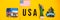 Word USA with magnets from new york and san francisco on yellow background, travel destination