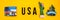 Word USA with magnets from new york and san francisco on yellow background, travel destination