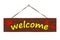 Word Welcome on a wooden hanging plaque with dog paw prints. Vector illustration of isolate on white