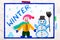 Word WINTER. Happy smiling man and cute snowman and snowflakes. Winter time