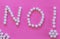 Word Word `NO` and an exclamation made with white pills isolated on pink background.