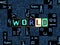 The word world as letters, unique typeset symbols over abstract mosaic pattern background