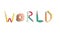 The word world created from office stationery.