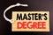 Word, writing Master s Degree. Business concept for online sale Academic Education written on price tag paper on the black vintage
