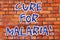 Word writing text Cure For Malaria. Business concept for like Primaquine drug used against malaria for prevention Brick